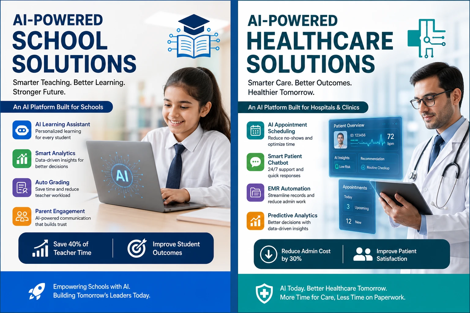 AI-Powered School Solutions and AI-Powered Healthcare Solutions comparison graphic by Mathyas AI Solutions